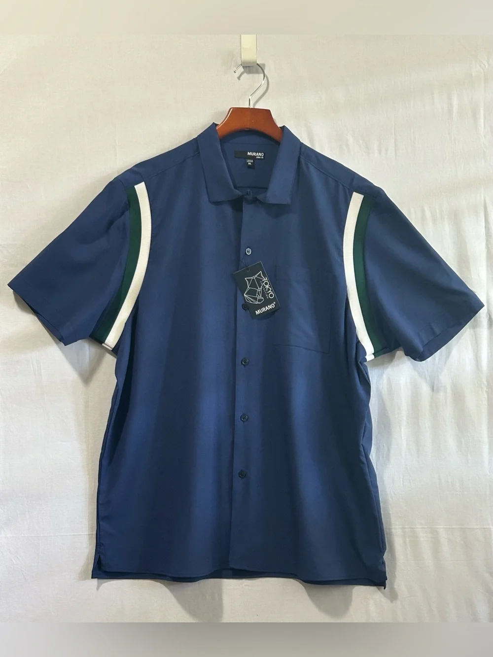 Murano - Navy Short-Sleeve Button-Down Shirt with White and Green Sleeve Stripes